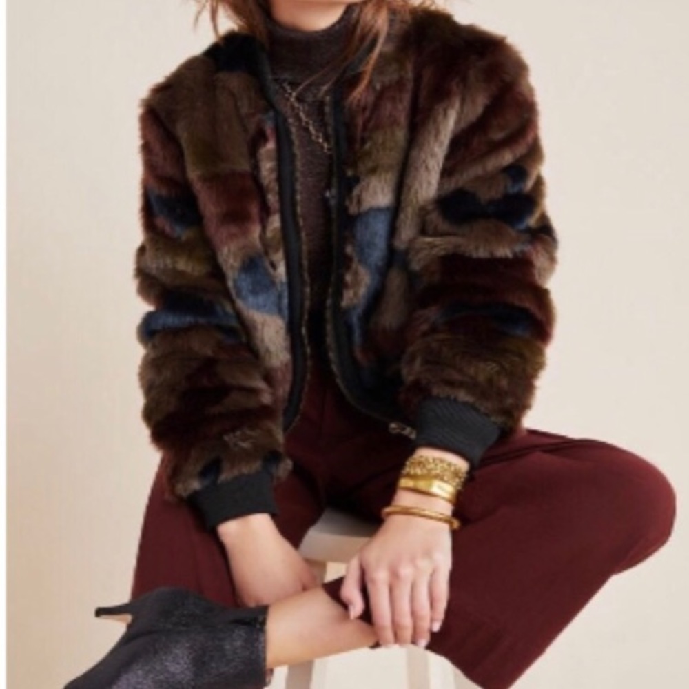 Anthropologie Marrakech camo faux fur jacket
